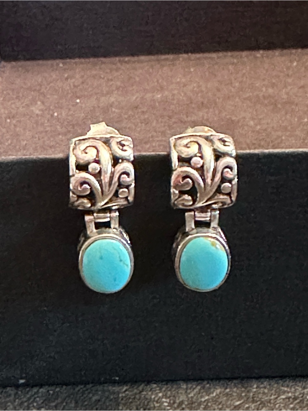 Vintage Sterling Silver Turquoise Drop Hinge Earrings - Picture 2 of 6